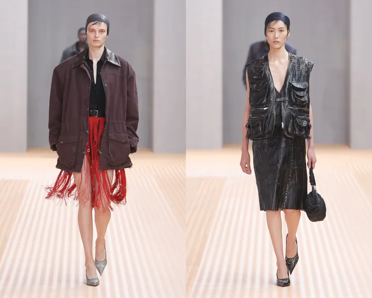 PRADA 2024春夏大秀中廓形誇張的工裝外套。品牌提供
