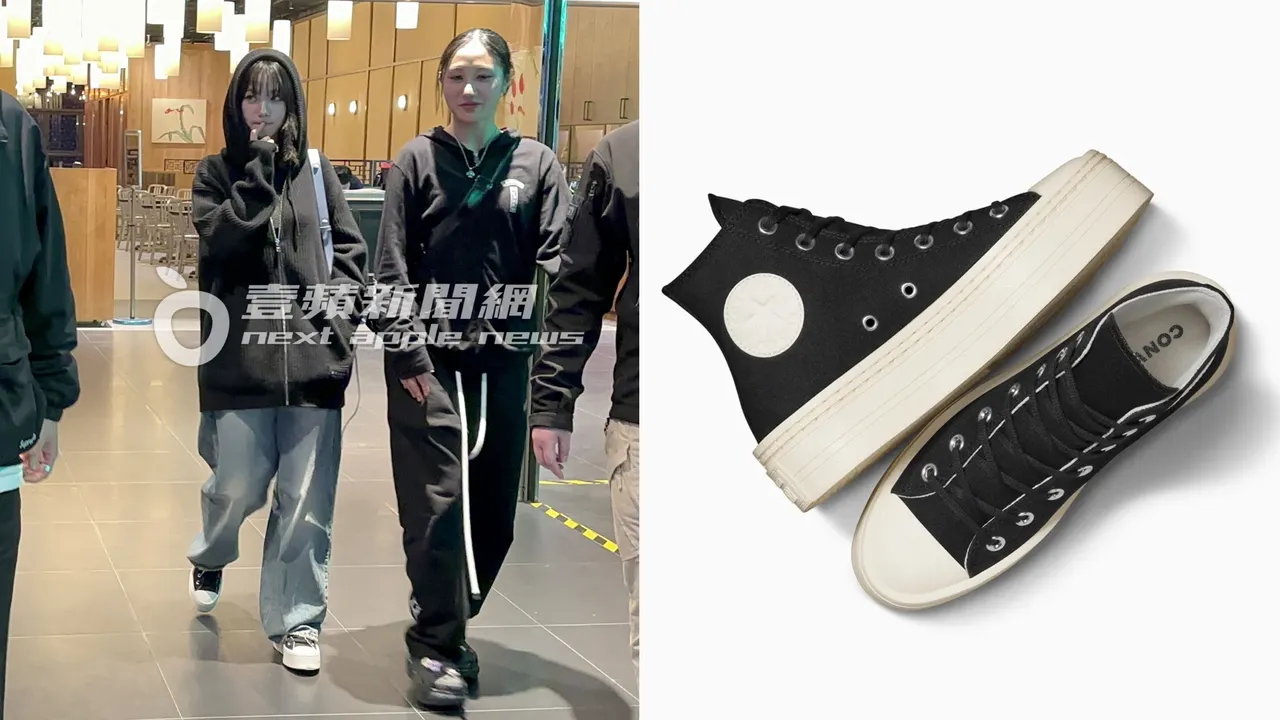 韓團aespa隊長Karina（左）日前在台尾牙表演結束後，腳踩當前在購物網站售價約1600元、代言的CONVERSE鞋趕去吃好料。左圖特勤中心攝、右圖翻攝購物網站