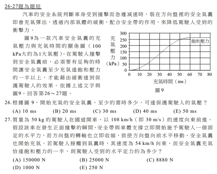 自然科物理試題主題包含汽車安全氣囊緩衝計算。翻攝大考中心提供之考題