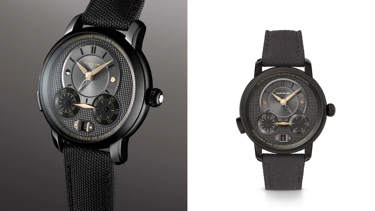 明星傳承系列系列Nicolas Rieussec計時腕錶限量款，43mm，黑色DLC塗層精鋼拋光錶殼，亮黑色Clou de Paris巴黎釘紋錶盤，可替換黑色織布錶帶，自製單按把計時機芯MBR200，動力儲存72小時，防水深度50米，全球限量500只，27萬5600元。品牌提供
