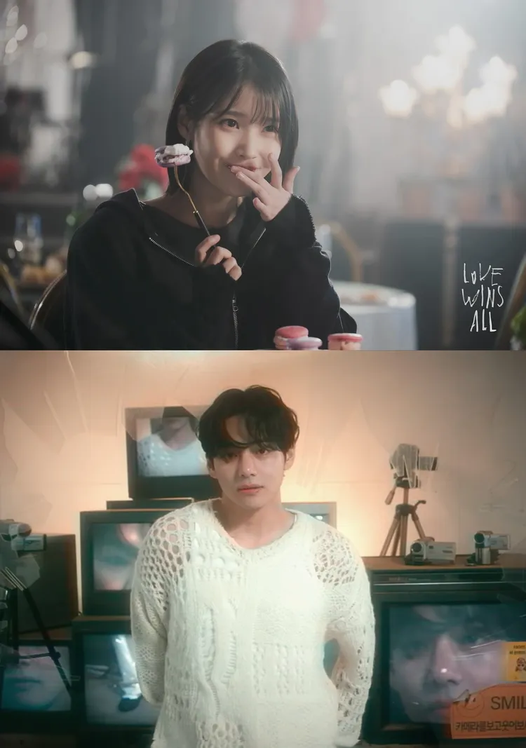 IU（上圖）、V在攝影機鏡頭下，變成彼此想像中的模樣。翻攝EDAM娛樂、YouTube