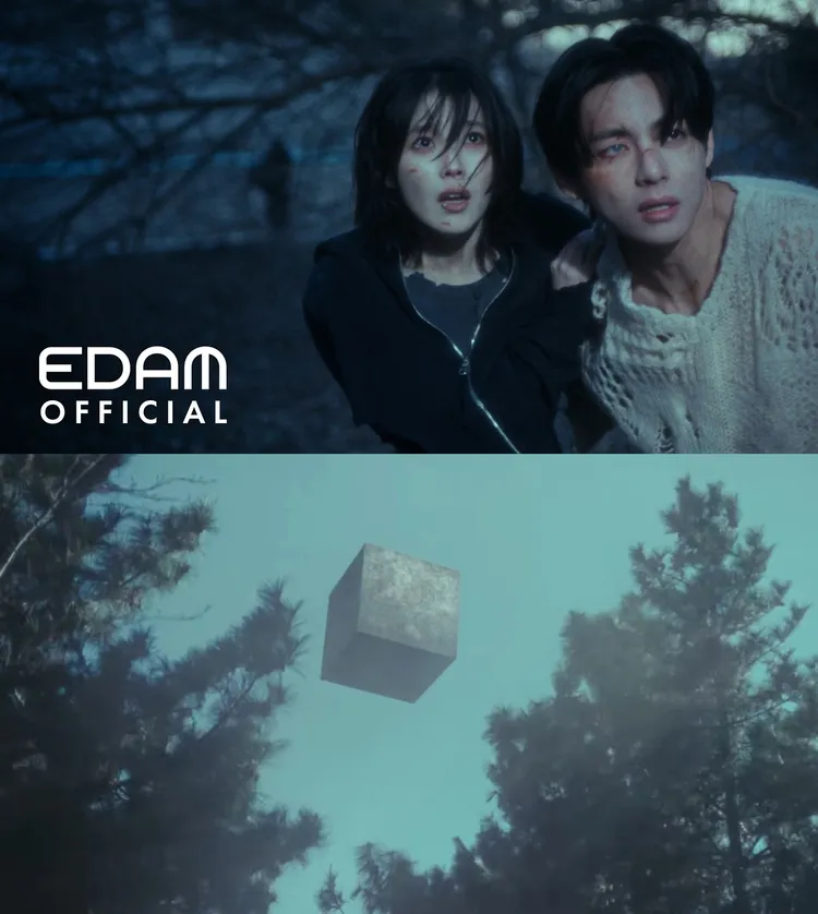 IU（上圖左）、V在MV一開始被掛在空中的方塊追擊。翻攝YouTube