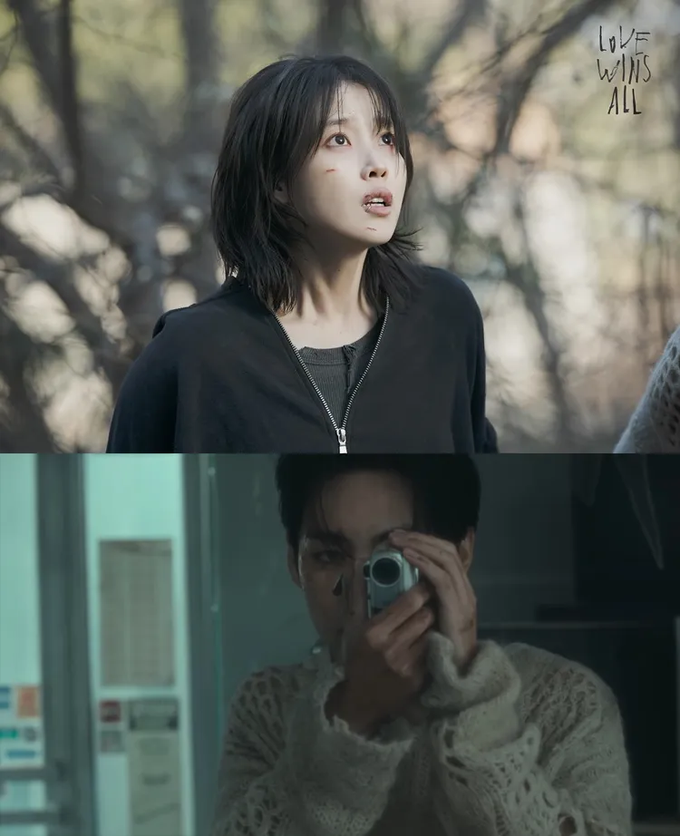 IU（上圖）嘴唇上有唇環、V的右眼戴白色隱形眼鏡，用來表示無法說話、一眼看不見的人。翻攝EDAM娛樂、YouTube