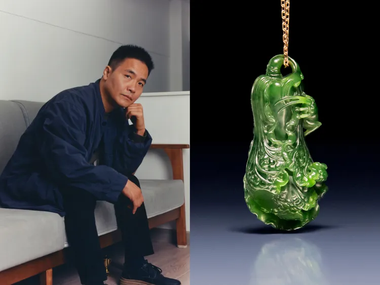 殷小金創作的翠綠白菜蟋蟀玉雕吊墜。品牌提供