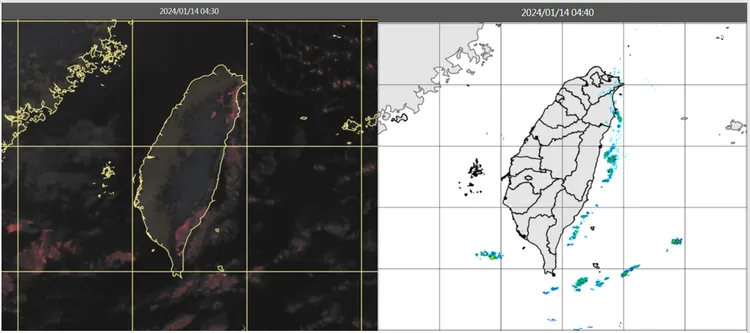 今(14日)晨4：30真實色雲圖顯示，各地晴朗無雲(左圖)。4：40雷達回波合成圖顯示，東側海面有零星回波(右圖)。取自氣象應用推廣基金會