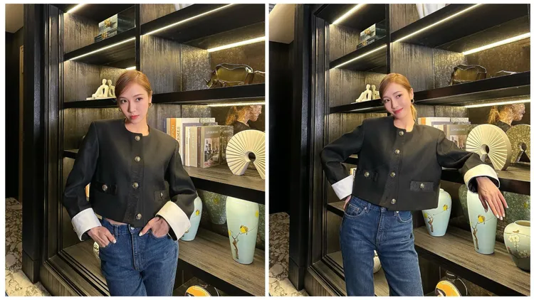 Jessica穿上愛牌SANDRO的黑色金扣短版外套。翻攝Jessica IG