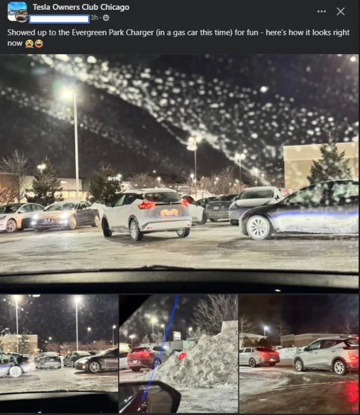 芝加哥特斯拉車主分享他冒著嚴寒大雪開車出門充電，充電站大排長龍的慘劇。翻攝推特