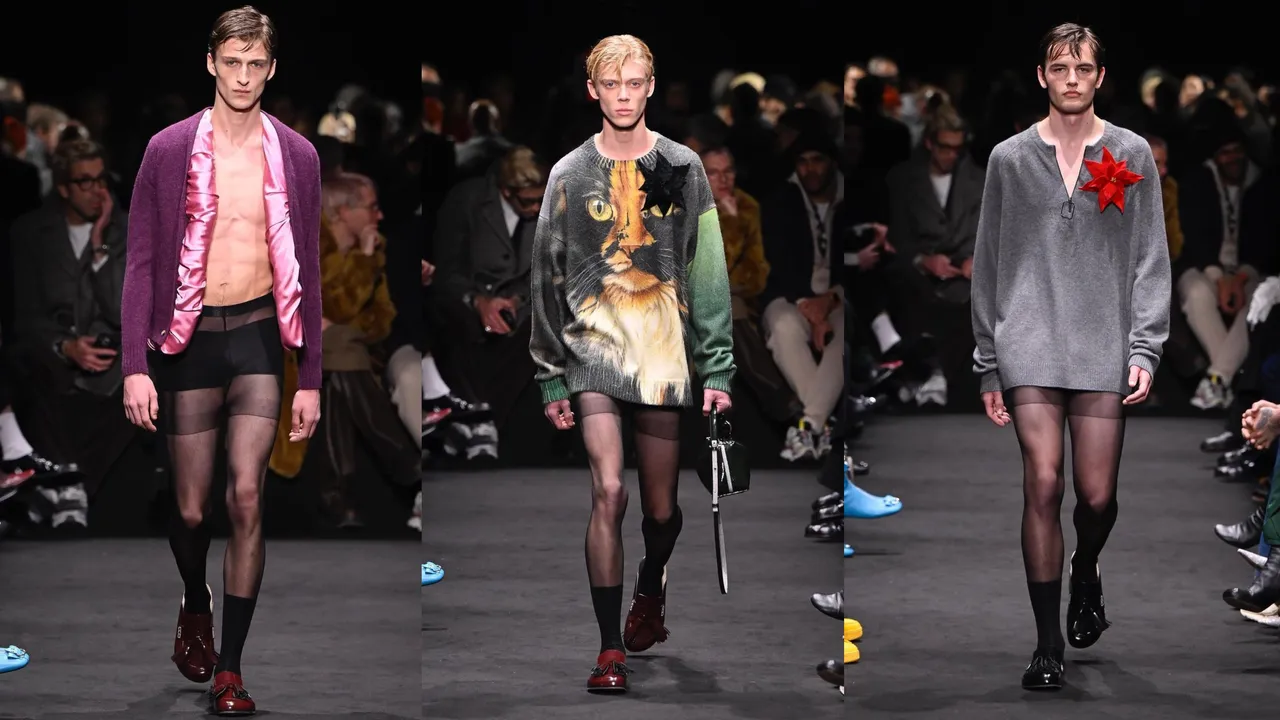 JW Anderson 2024秋冬男裝大秀,讓男模們穿上黑絲襪,帶來一場「沒穿褲子」的大秀。翻攝翻攝jw_anderson IG