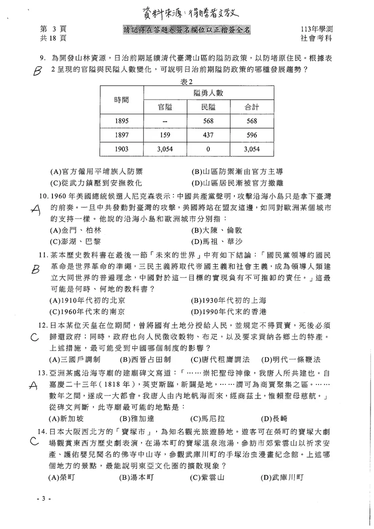 113學測社會科參考解答。得勝者文教提供