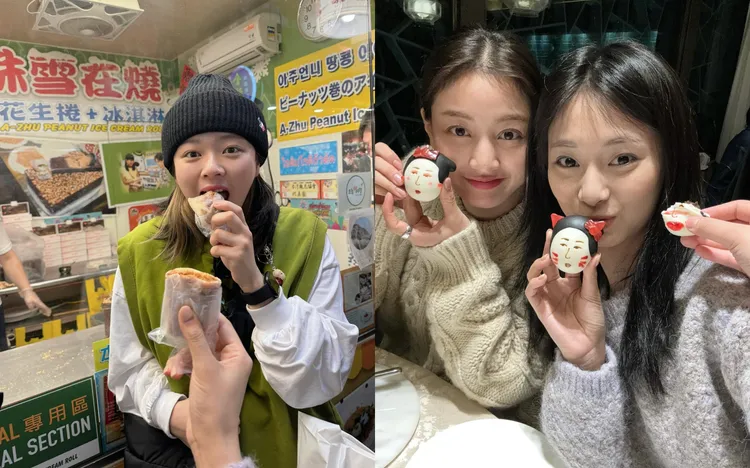 子瑜（右圖右）分享定延（左圖）吃花生捲冰、志效拿藝妓包子的照片。翻攝周子瑜IG