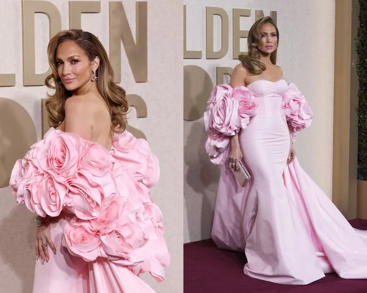 「翹臀珍」珍妮佛羅培茲選穿台灣婚紗品牌Nicole + Felicia的粉色花朵禮服。美聯社