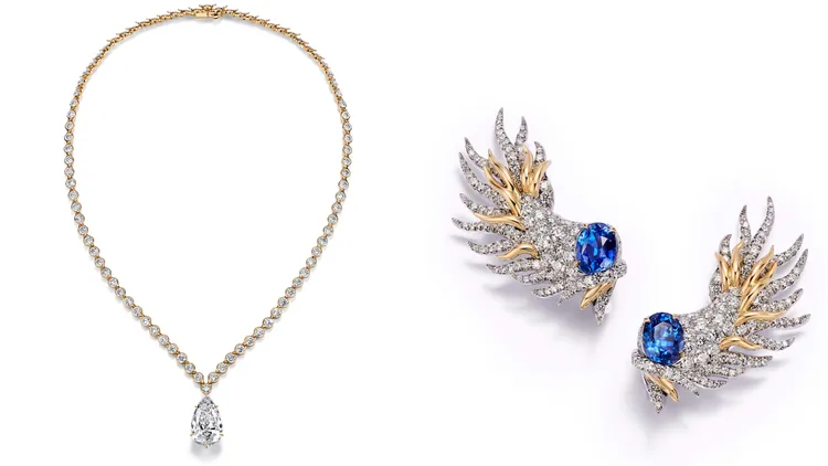 Tiffany Blue Book 系列鑽石項鍊、Jean Schlumberger by Tiffany Sea Coral藍寶石鑽石耳環。品牌提供
