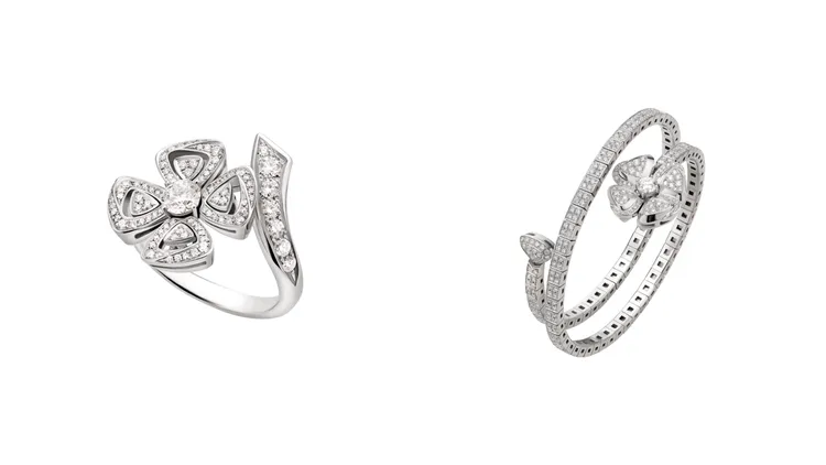 寶格麗FIOREVER系列鑽石戒指（左圖）、FIOREVER系列鑽石雙圈手環（右圖）。品牌提供