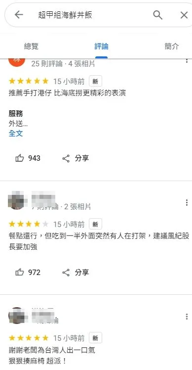 有人給5星好評，卻是惡趣味稱「比海底撈更精彩的表演」。翻攝自GoogleMap