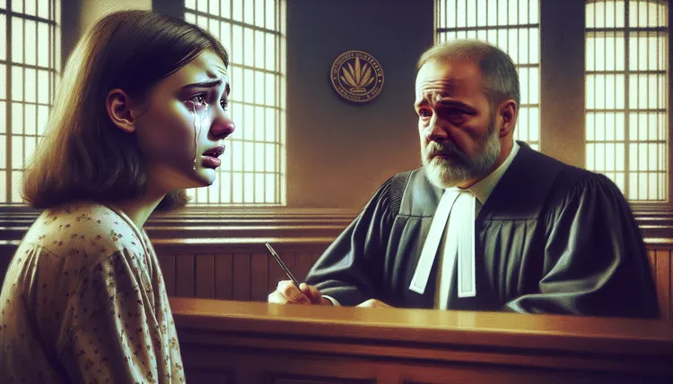 正妹史碧雪兒聲淚俱下向法官求情，請法官給她機會。AI生成示意圖。