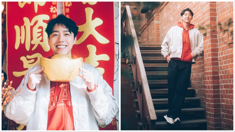 蔡凡熙換上藏有龍鱗圖樣的紅色Logo連帽外套。品牌提供