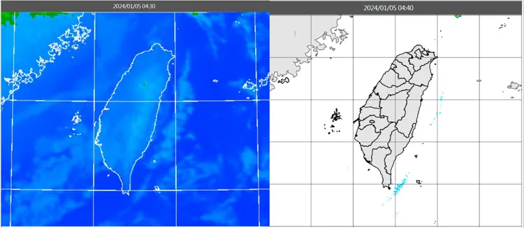今(5日)晨4：30紅外線色調強化雲圖顯示，各地晴朗無雲(左圖)。4：40雷達回波合成圖顯示，陸地上無降水回波(右圖)。取自氣象應用推廣基金會