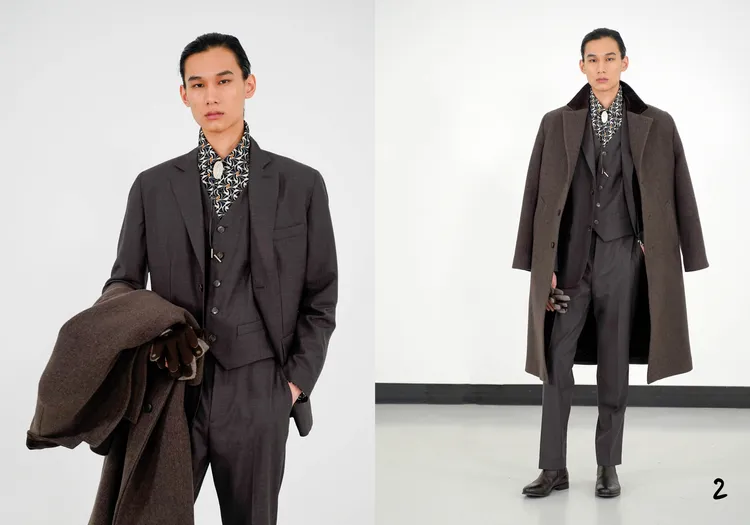 正裝造型將充滿變化感的線條和不同面料層層堆疊。品牌提供