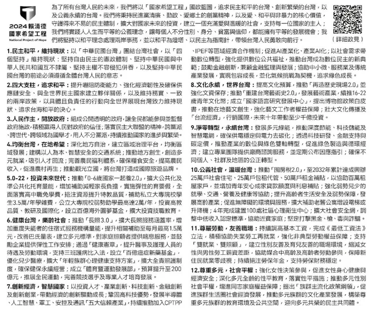 民進黨賴蕭配政見。翻攝中選會選舉公報