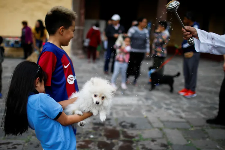墨西哥寵物飼主17日「聖安東尼瞻禮日」帶著寵物上教堂，接受祝福。路透社