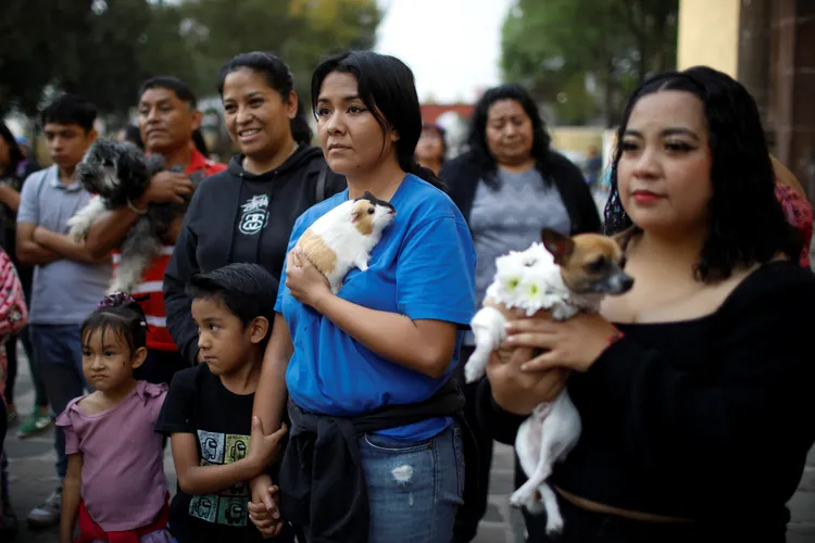墨西哥寵物飼主17日「聖安東尼瞻禮日」帶著寵物上教堂，接受祝福。路透社
