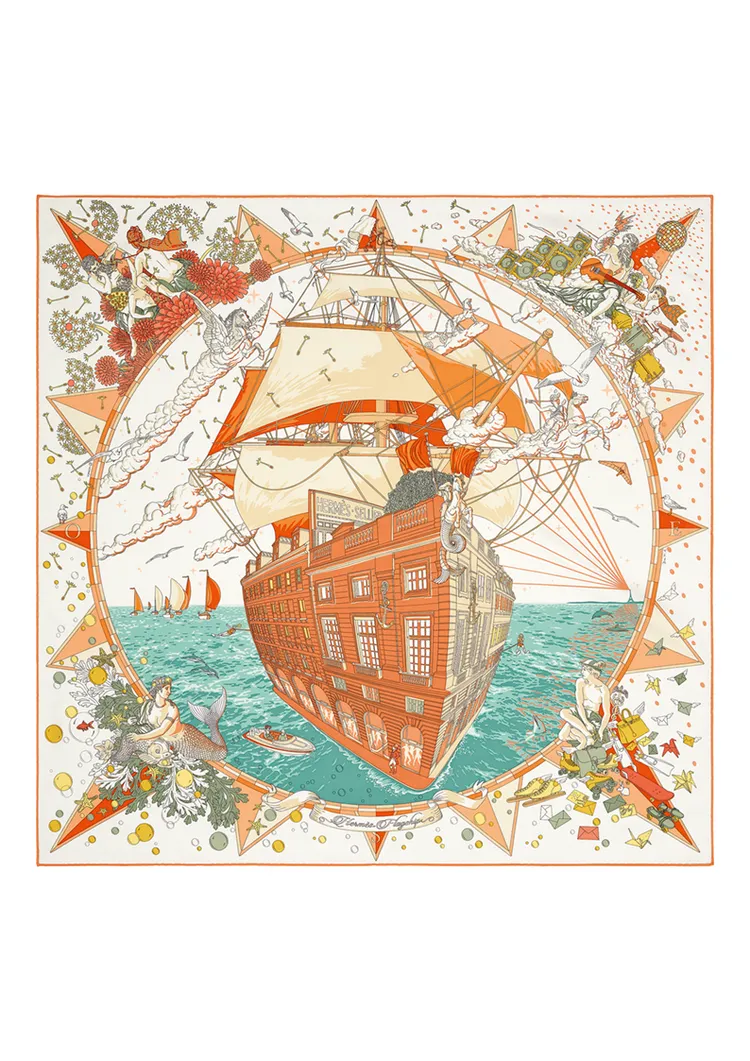 Hermès Flagship圖紋印花斜紋真絲方巾90 x 90公分，1萬8500元。品牌提供