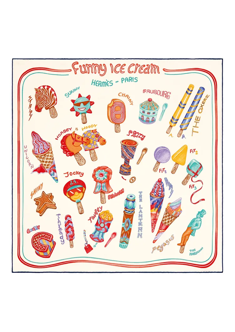 Funny Ice Cream圖紋印花真絲仿古方巾70 x 70 公分，1萬4000元。品牌提供