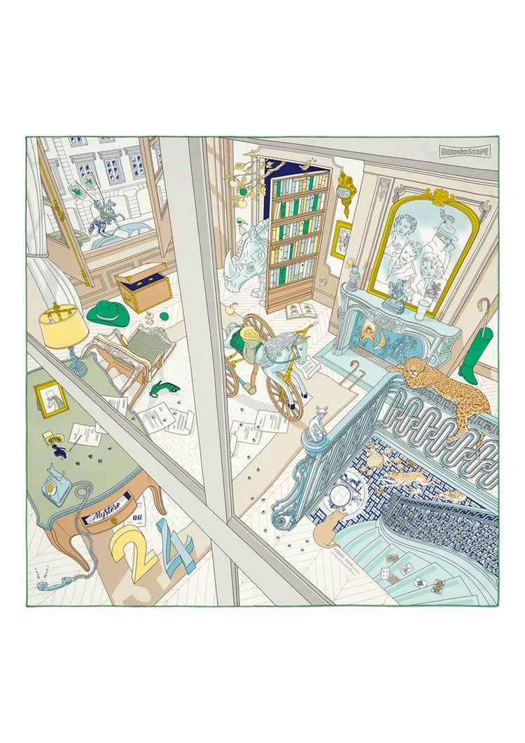 Mystère au 24圖紋印花斜紋真絲方巾90 x 90 公分，1萬8500元。品牌提供