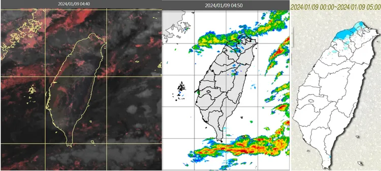 今(9日)晨4：40真實色雲圖顯示，苗栗以北已有中層雲通過(左圖)。4：50雷達回波合成圖顯示，中層雲伴隨降水回波(中圖)。5時累積雨量圖顯示，苗栗以北局部降雨(右圖)。取自氣象應用推廣基金會