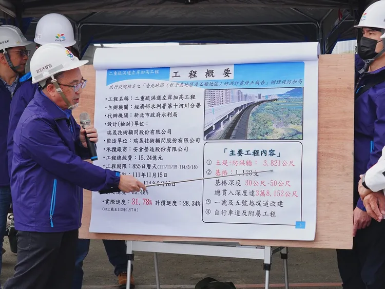 二重疏洪道左岸加高工程預計將二重疏洪道左岸4公里長堤防，自現況6公尺加高至10公尺。水利局提供