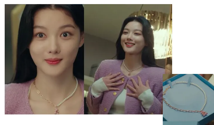 金裕貞粉色小香風造型中換上了同色系的拼接鍊墜。翻攝SBS IG