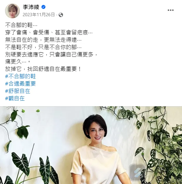 八點檔女星李沛綾去年11月發文透露離婚端倪。翻攝李沛綾臉書
