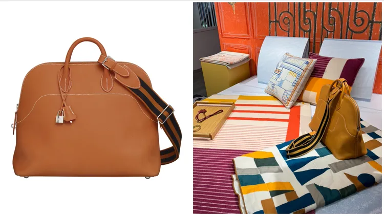 Bolide à dos提包天然母牛皮與羊毛織帶材質，49萬6000元。左圖品牌提供、右圖張家玲攝