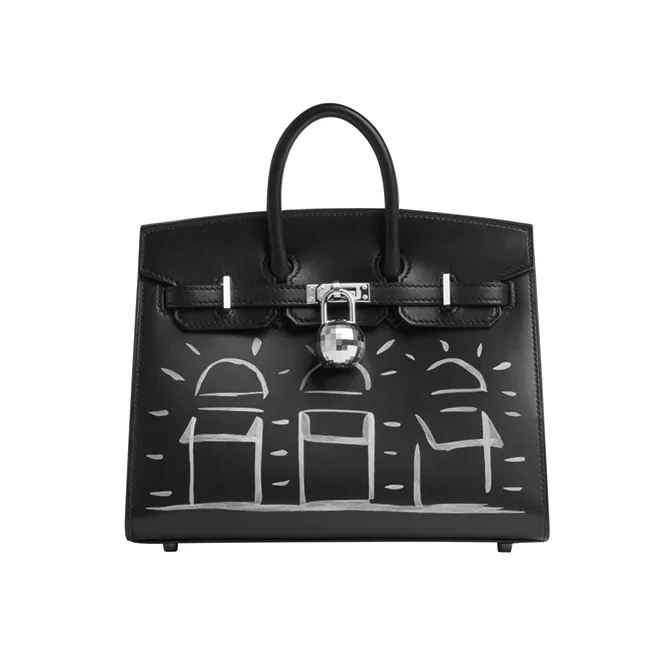 Birkin Sellier Faubourg en fête提包Evercalf小牛皮材質，其上描繪了巴黎福寶大道總店的店門輪廓，72萬8600元。品牌提供