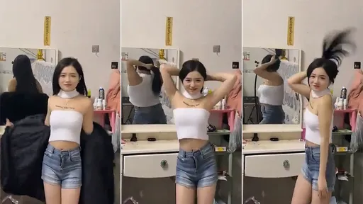 纤瘦美眉甩发科目三「引发空间扭曲」　符咒镇压下镜子曝原形