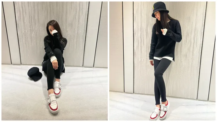 林心如以日常造型搭配Very Vivier紅白撞色檸檬鑽扣休閒鞋。品牌提供