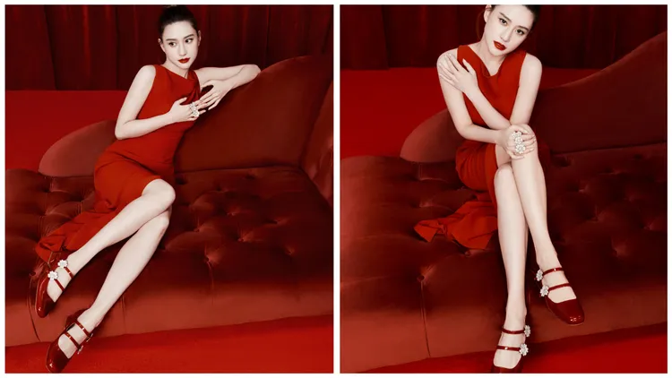 何超蓮以紅色洋裝搭配BOUQUET花卉鑽扣瑪莉珍鞋。品牌提供
