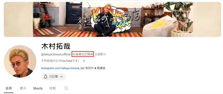 木村拓哉YT開張第4天，不到10萬人訂閱。翻攝木村拓哉YouTube