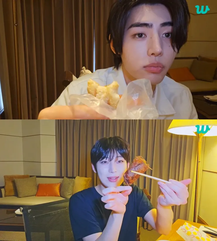 成訓（上圖）在台直播時吃完脆皮甜甜圈，還想吃第2個，善禹被呱呱包收服。翻攝Weverse
