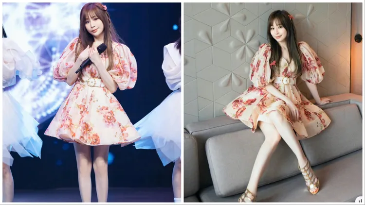 王心凌穿著Zimmermann碎花洋裝秀出細白美腿。翻攝霓裳羽衣小紅書