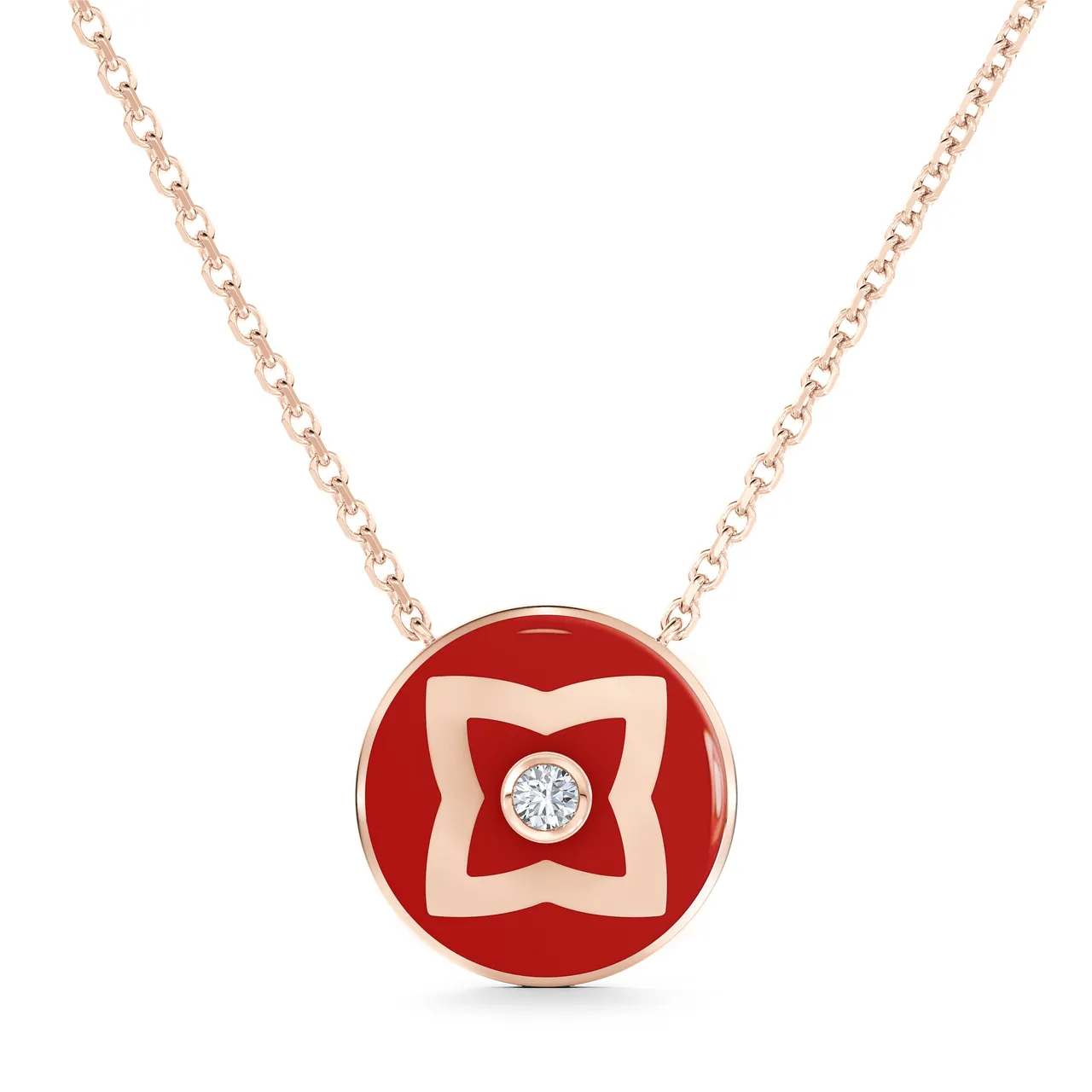 Enchanted Lotus 18K玫瑰金與紅色琺瑯單鑽吊墜項鍊官網限定款,4萬4000元。品牌提供