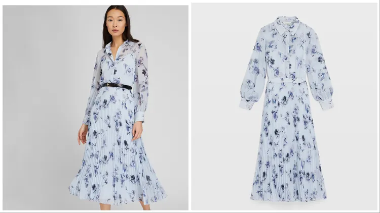 淡藍雪紡花卉印花摺裙長洋裝，1萬5900元。品牌提供