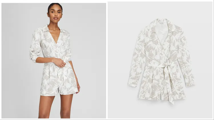 樹葉拓印印花真絲亞麻混棉連身短褲，1萬4900元。品牌提供