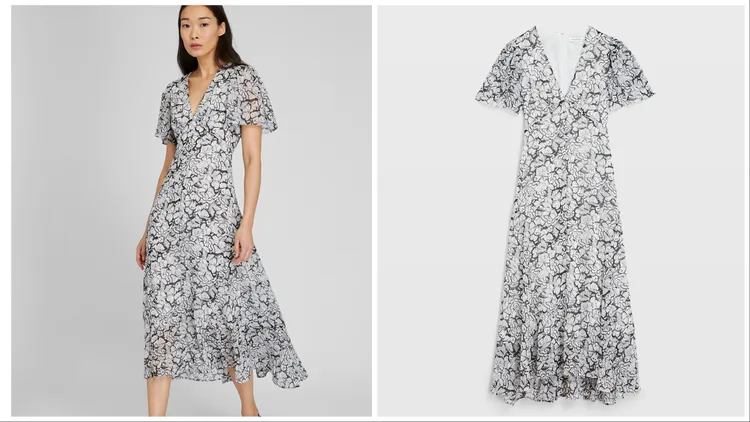蝴蝶和花卉勾勒印花V領洋裝，1萬5900元。品牌提供