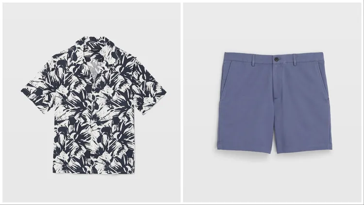 黑白拓印棉質印花男士古巴領襯衫（左）4900元、藏青藍男士棉質膝上短褲（右）4900元。品牌提供