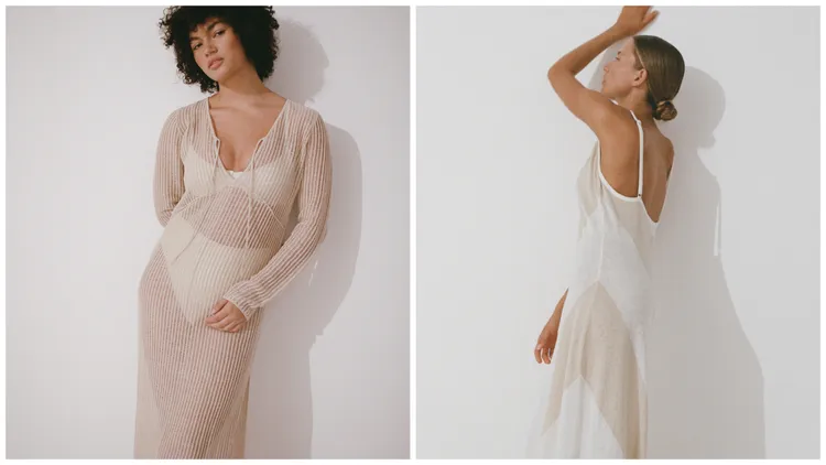 胸前綁帶鬆軟針織透視洋裝（左）9980元、米白斜條紋細肩帶針織洋裝（右）9180元。品牌提供