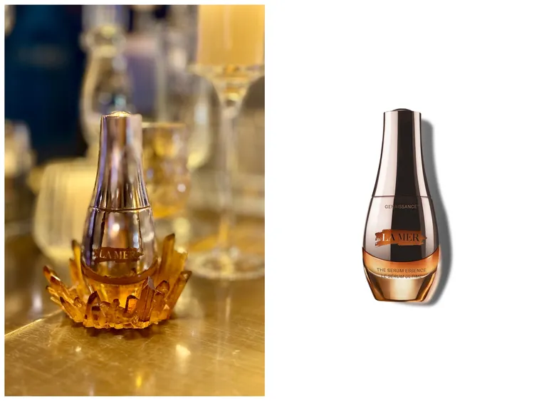 LA MER創世紀原晶逆時金萃，30ml／2萬9800元。左圖張家玲攝、右圖品牌提供