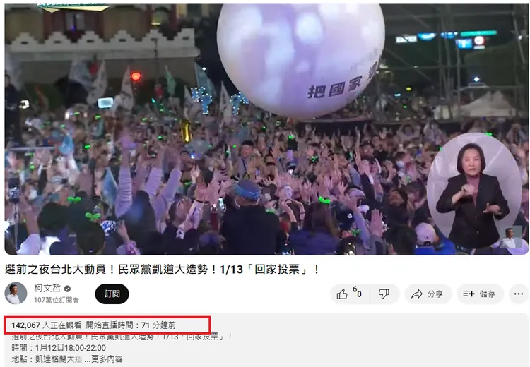 柯文哲線上觀看造勢有15萬人。翻攝youtube kp頻道