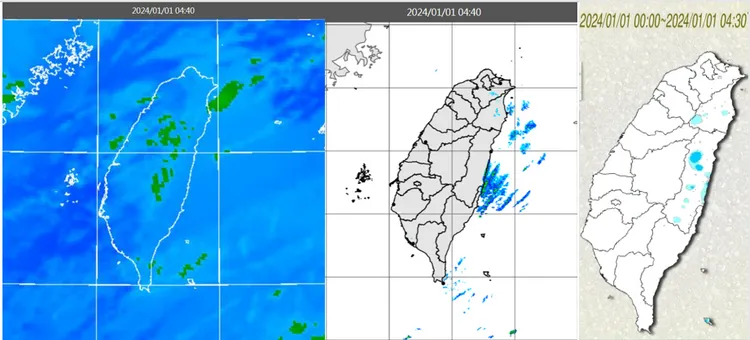 今(1日)晨4：40紅外線色調強化雲圖顯示，東半部有鬆散低雲層(左圖)。4：40雷達回波合成圖顯示，伴隨零星降水回波(中圖)。4：30累積雨量圖顯示，東半部有局部少量降雨(右圖)。取自中央氣象署