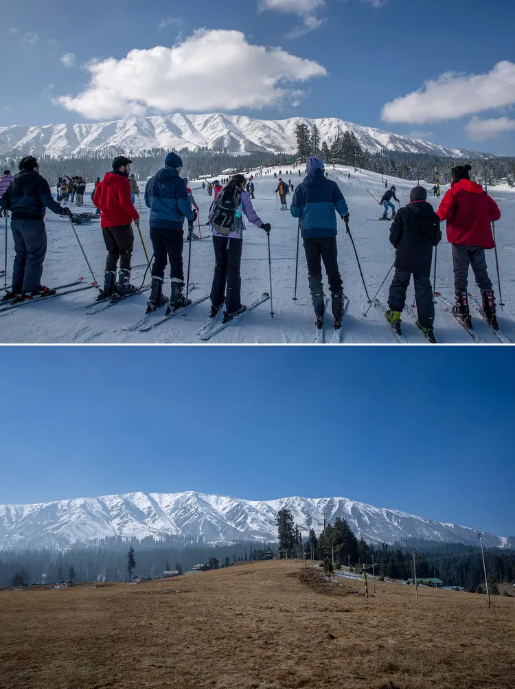 聖嬰現象重創滑雪產業，工作人員只能無語問蒼天。美聯社
